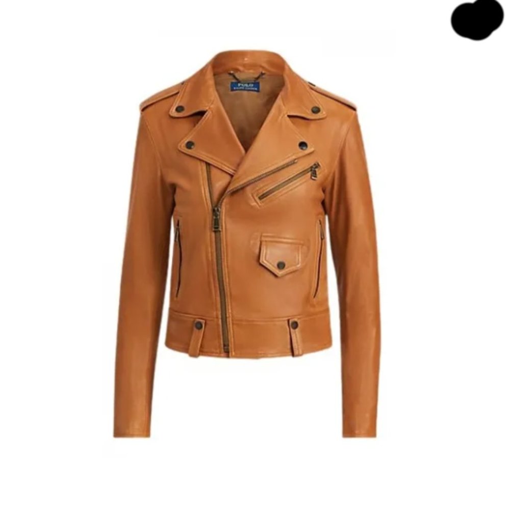 NEW!  Polo Ralph Lauren Brown Leather Sheepskin Moto‎ Jacket